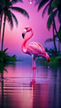 Vertical video. A majestic pink flamingo stands elegantly in a calm body of water, its striking plumage reflected in the gentle ripples.