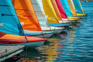 A lineup of colorful and specialized sailing boats on a picturesque dock, ready for Olympic sailing events