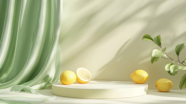 Three Meyer lemons displayed on white podium in front of green curtain