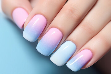Woman's fingernails with pastel blue and pink ombre colored nail color design.