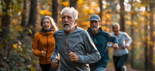Group of seniors enjoying running in a forest in fall