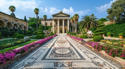 A meticulously designed mosaic pathway lined with vibrant flowers and lush topiary leads to a classical building.