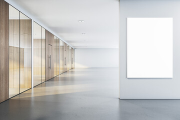 Modern office corridor with a blank white framed poster mockup on a wall, glass partitions and wooden doors, concept of advertising space. 3D Rendering