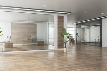 Naklejka premium Modern office interior with a corridor, glass partitions, wooden walls, furniture, and city view through the windows, concept of workspace. 3D Rendering