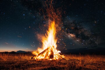 Expansive bonfire lighting up the night, with sparks against a starry backdrop, camping, wallpaper background