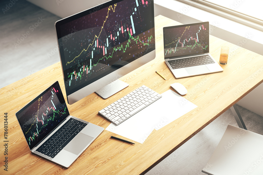 Aufkleber Modern computer screen with abstract creative financial chart, research and analytics concept. 3D Rendering
