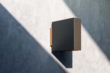 Sculptural box sign casting a sharp shadow on a light textured wall. 3D Rendering