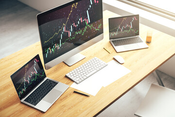 Modern computer screen with abstract creative financial chart, research and analytics concept. 3D...