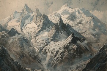Chalk drawing painting sketch of a majestic mountain landscape nature, black and white