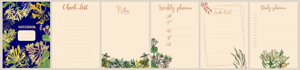 Notebook pages and cover template with colorful honeysuckle flowers. Planner, diary, notepad, organizer with cute floral design. Vector cards, notes, stickers, labels, tags paper sheet illustrations.
