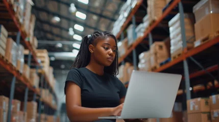 Poster Woman with Laptop in Warehouse © MP Studio