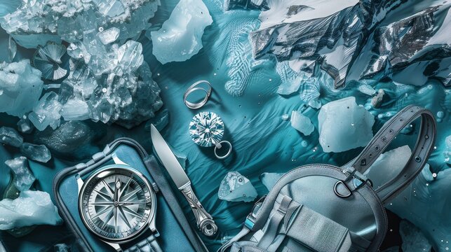 Arranges the diamond with a collection of travel gear painted in rich blues, like backpacks and compasses, to emphasize its adventurous allure