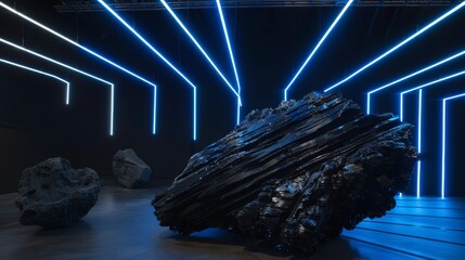 Arranges the carbon chunk within an installation of electric blue LED lights, creating a visually striking scene that celebrates both the elemental and the modern - obrazy, fototapety, plakaty