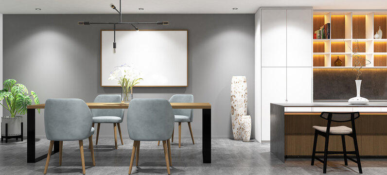 3d rendering interior design of pantry and dining room with island table and frame mock up. Gray cement tile floor and white duco paint cabinet. Set 3