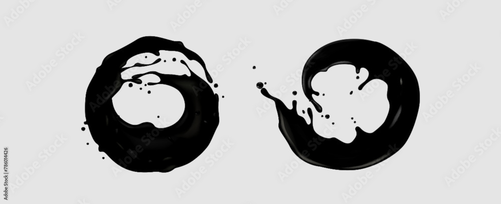 Poster black glossy liquid circle shape splash. realistic 3d vector illustration set of dark paint or ink c