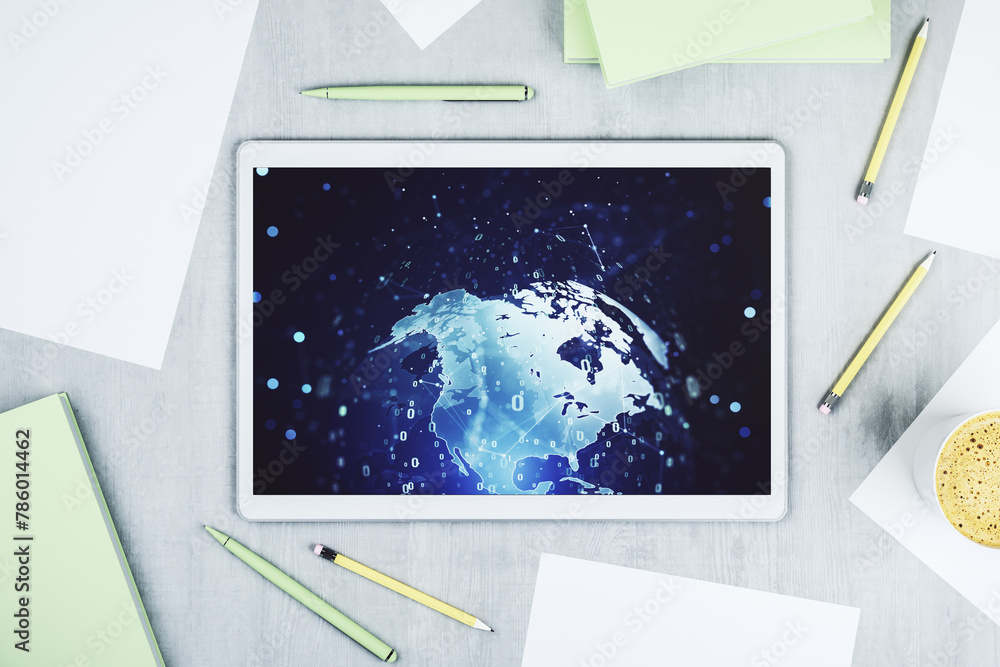 Leinwandbilder top view of modern digital tablet display with abstract software development hologram and world map,