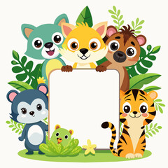 Naklejka premium cute-wild-animals-cartoon-with-blank-board-white-b 