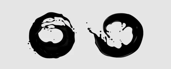 Gordijnen Black glossy liquid circle shape splash. Realistic 3d vector illustration set of dark paint or ink circular wave. Abstract dynamic action flow of oil or petrol. Falling splatter of gasoline. © klyaksun