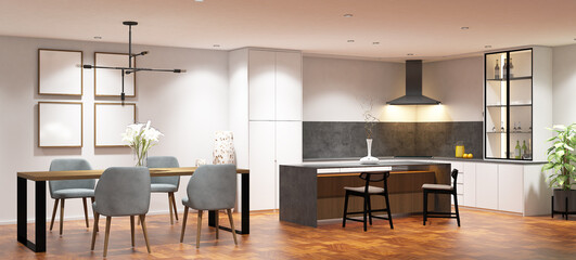 3d rendering interior design of pantry and dining room with island table and frame mock up. Wood parquet floor and white duco paint, wooden cabinet. Set 5