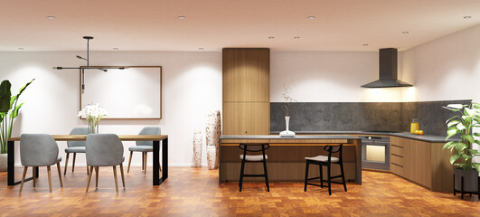 3d rendering interior design of pantry and dining room with island table and frame mock up. Wood parquet floor and wooden cabinet. Set 6