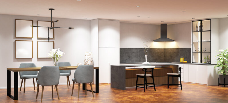 3d rendering interior design of pantry and dining room with island table and frame mock up. Wood parquet floor and white duco paint, wooden cabinet. Set 5