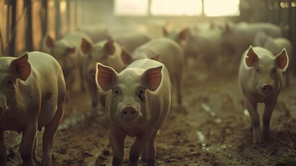 group of pegged pigs penned barn, farm agriculture photo, animal welfare, consumption criticism, meat production, soft focus blurry background