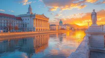 Captivating view of Austrian Parliament Building and Athena statue at sunset in Vienna. The golden sunlight bathes the classical architecture and serene waters in warmth and beauty. - 786014622