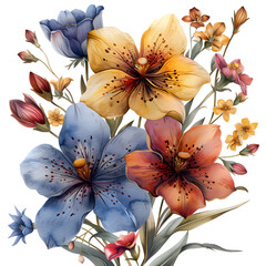 Flowers watercolor illustration. Manual composition.  Pastel colors. Spring  on Transparent Background