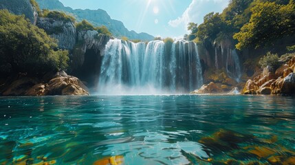 Stunning view of the Kravica Waterfall in Bosnia showing cascading waters, lush greenery, and rocky formations illuminated by sunlight. - obrazy, fototapety, plakaty