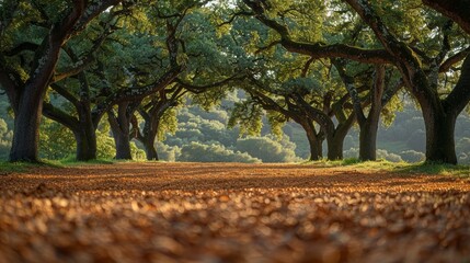 Breathtaking view of a cork oak tree plantation bathed in sunlight. The image captures the tranquil beauty of the forest with a carpet of dried leaves. - 786014699