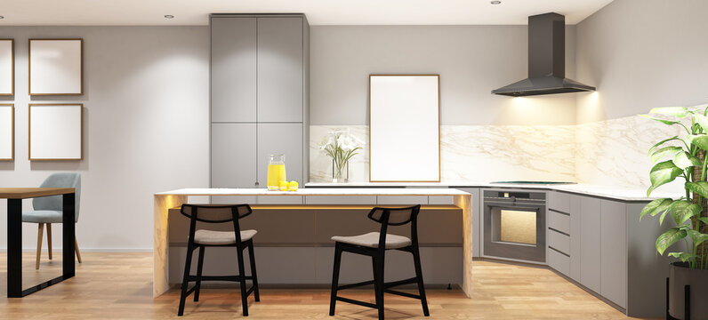 3d rendering interior design of pantry and dining room with island table and frame mock up. Wood parquet floor and gray duco paint cabinet. Set 11