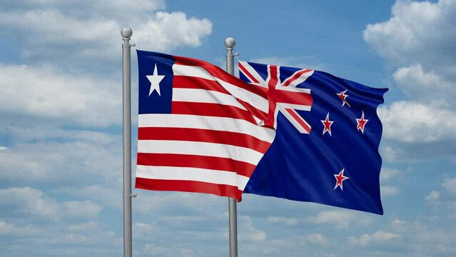 New Zealand and Liberia two flags waving together, looped video, two country cooperation concept