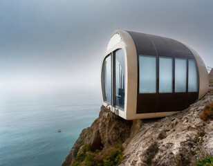 A modern capsule with large windows perched  on the cliff in foggy day by the ocean