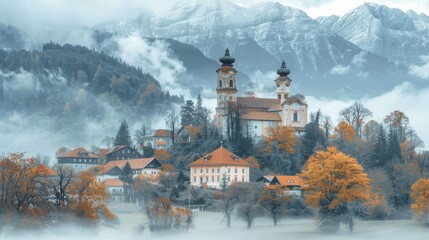Captivating autumn landscape featuring the Balzers village nestled among colorful trees, with foggy mountains and historical architecture in the backdrop, creating a serene, picturesque setting. - obrazy, fototapety, plakaty