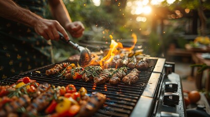 Man grills a variety of meats and vegetables on a modern gas grill in a lush garden setting, showcasing gastronomic delight and outdoor cooking. - 786015078