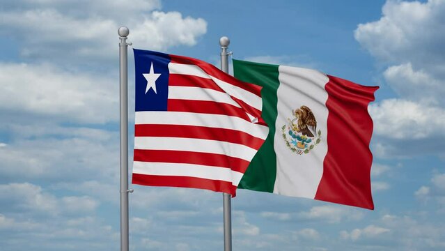 Mexico and Liberia two flags waving together, looped video, two country relations concept