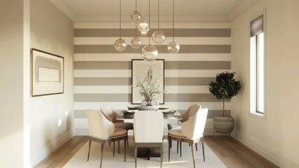 dining room with horizontal stripes in a muted color palette, modern furniture, and statement lighting