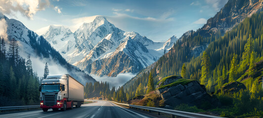 Semi truck driving on highway with majestic mountain background