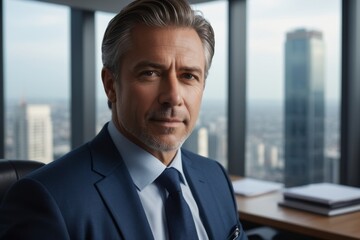 Fototapeta premium Portrait of distinguished looking successful businessman, wearing a suit and standing in his office