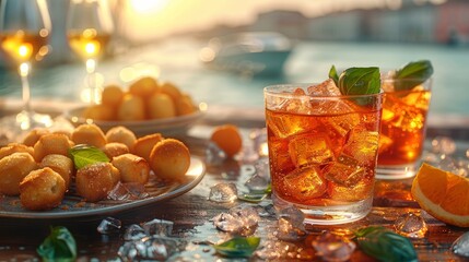 Two glasses of Aperol Spritz paired with Venetian snacks, set against a serene sunset backdrop over a canal. The golden light and refreshing drinks evoke a sense of leisure and enjoyment. - 786015296