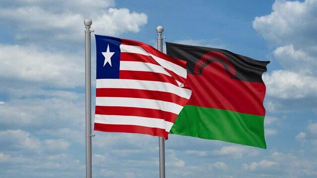 Malawi and Liberia two flags waving together, looped video, two country relations concept