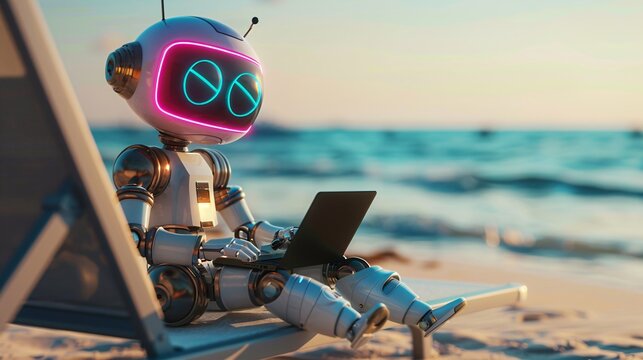 cute  robot working on beach background with copy space