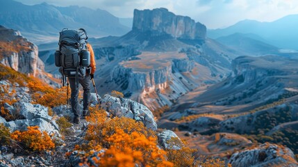 Solitary travel photographer, equipped with a heavy backpack and camera, hikes a rocky mountain trail surrounded by breathtaking autumnal colors and rugged terrain.