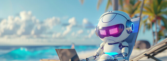 cute  robot working on beach background with copy space - obrazy, fototapety, plakaty