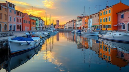 Fototapeta na wymiar Picturesque sunset casts warm light over the serene marina of Piran town, featuring vibrant buildings and moored boats reflecting beautifully in calm waters.