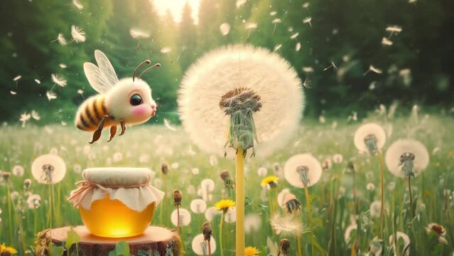 Animated picture shows honey jar on a wild meadow. A cute bee blows the pollen from a dandelion. The seeds fly. 3D effect, zoom in and out, slow motion.