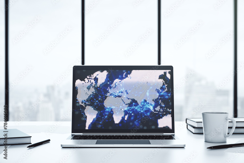 Aufkleber Computer monitor with abstract creative digital world map, globalization concept. 3D Rendering