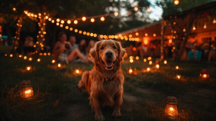 Group of young friends enjoy a summer evening outdoors, playing and laughing with a golden retriever under a canopy of string lights. - 786015857