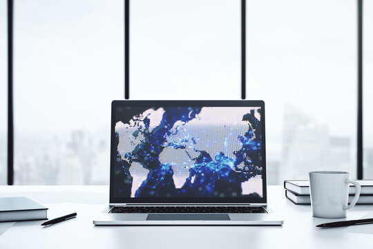 Computer monitor with abstract creative digital world map, globalization concept. 3D Rendering