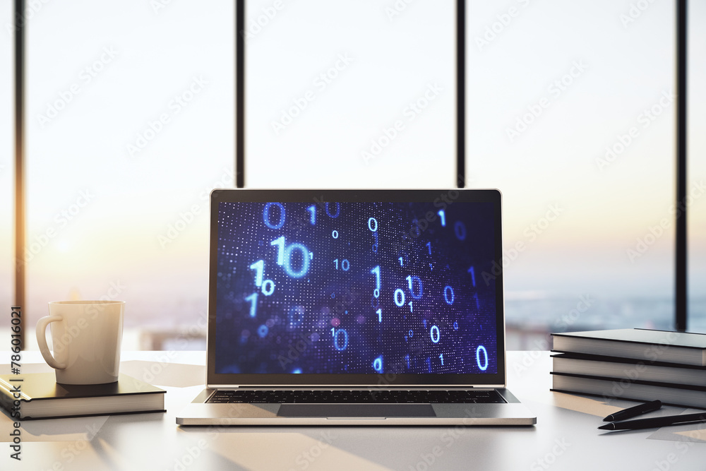 Aufkleber Modern computer monitor with creative abstract binary code hologram. Database and programming concept. 3D Rendering